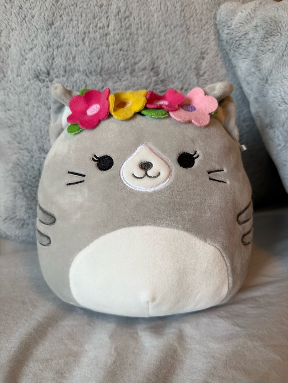 Tally the Grey Tabby Cat Squishmallow with floral headband 8 inch